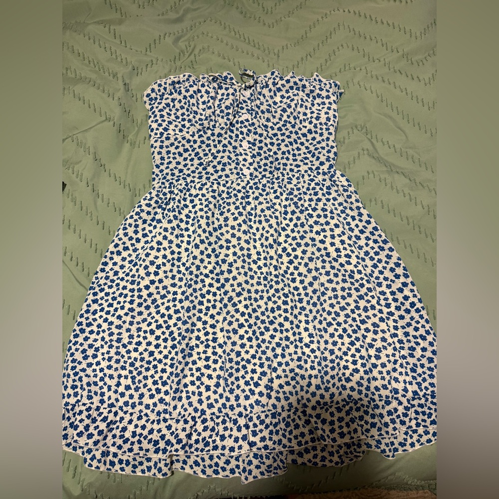 SHEIN Strapless Blue Floral Dress Ruffle Bottom